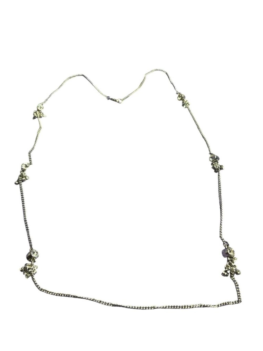 Silvertone Chain Necklace Clear Rhinestone Stations Clusters Lobster Clasp 30 in